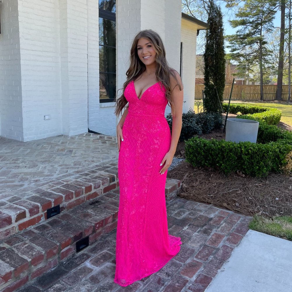 Sherri Hill Hot Pink Beaded Prom Dress